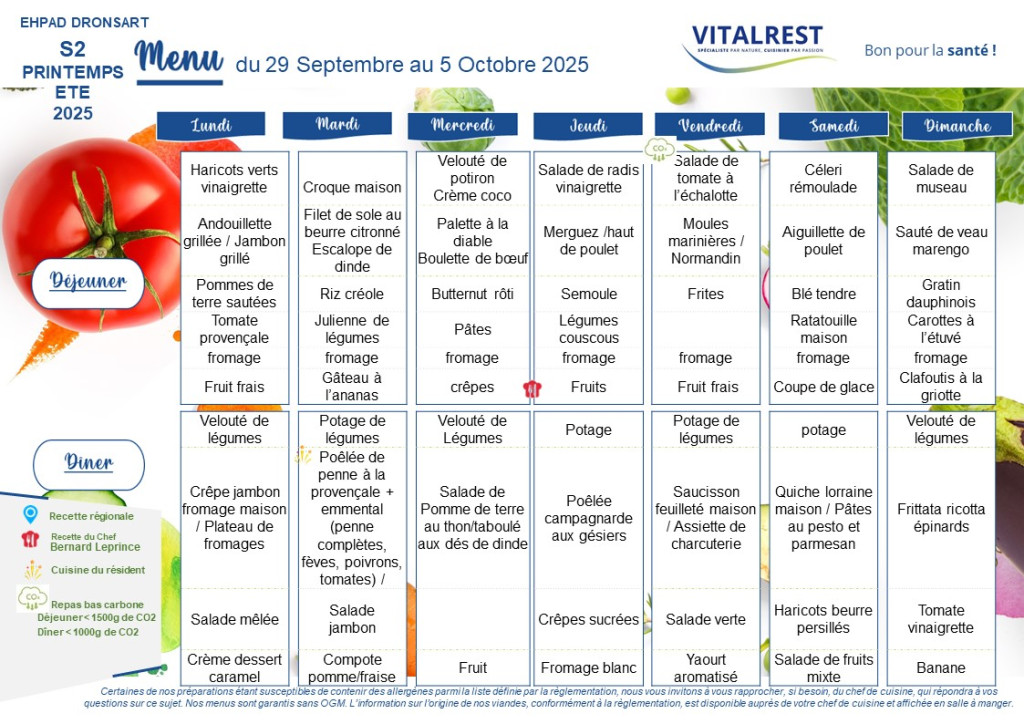 menu du 29 septembre au 05 octobre