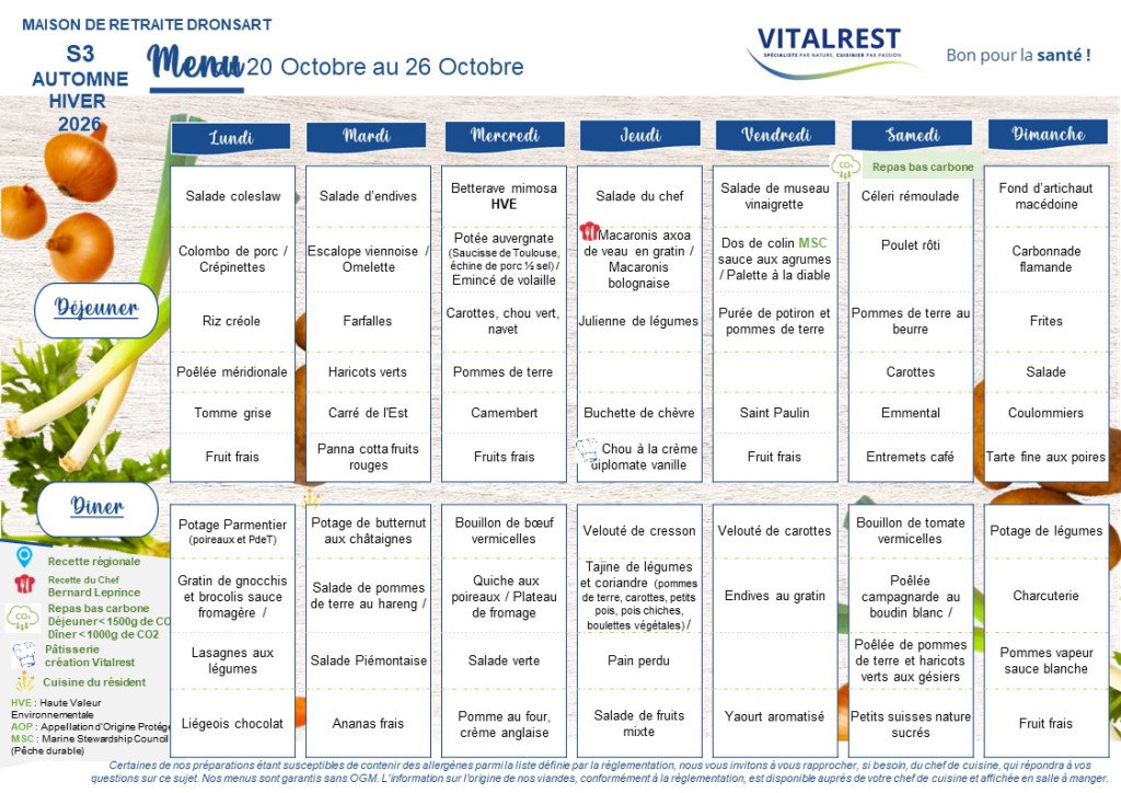 MENU semaine du 20 au 26 octobre
