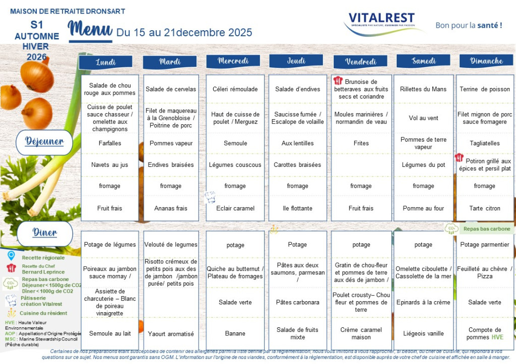 menu du 15 au 21 Décembre