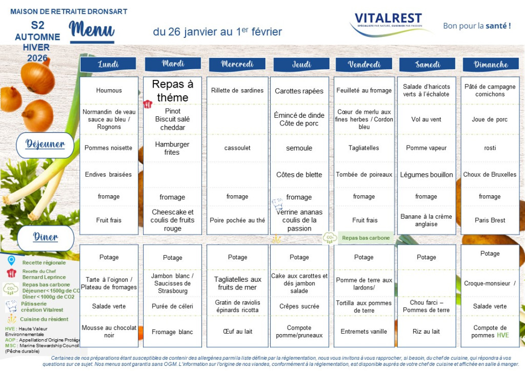 menu du 26 Janvier au 1 Février