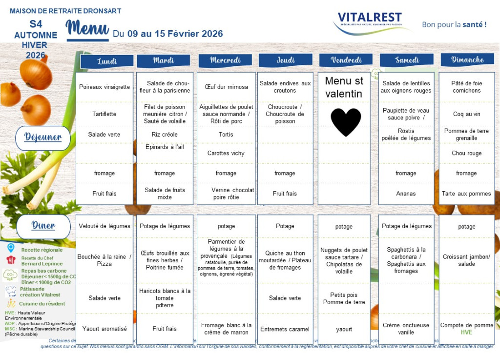 Menu du 9 au 15 Fev