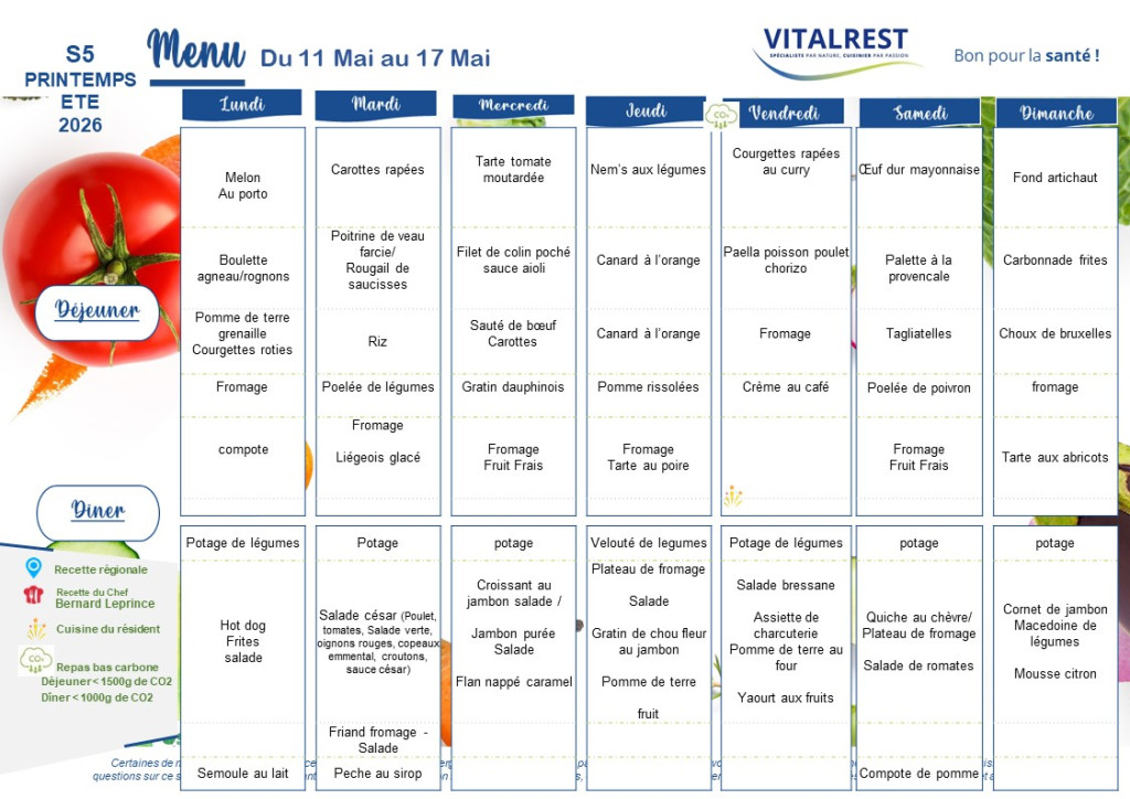 menu du 11mai au 17 Mai