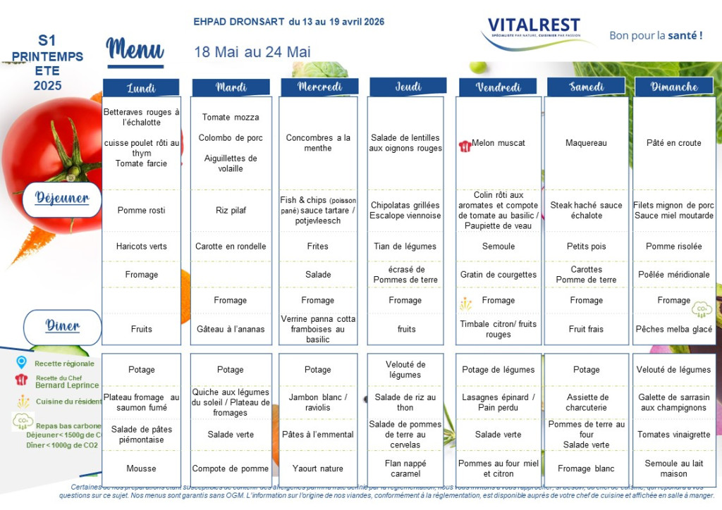 menu du 18 Mai au 24 Mai