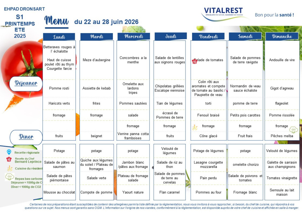 Menu du 22 au 28 Juin