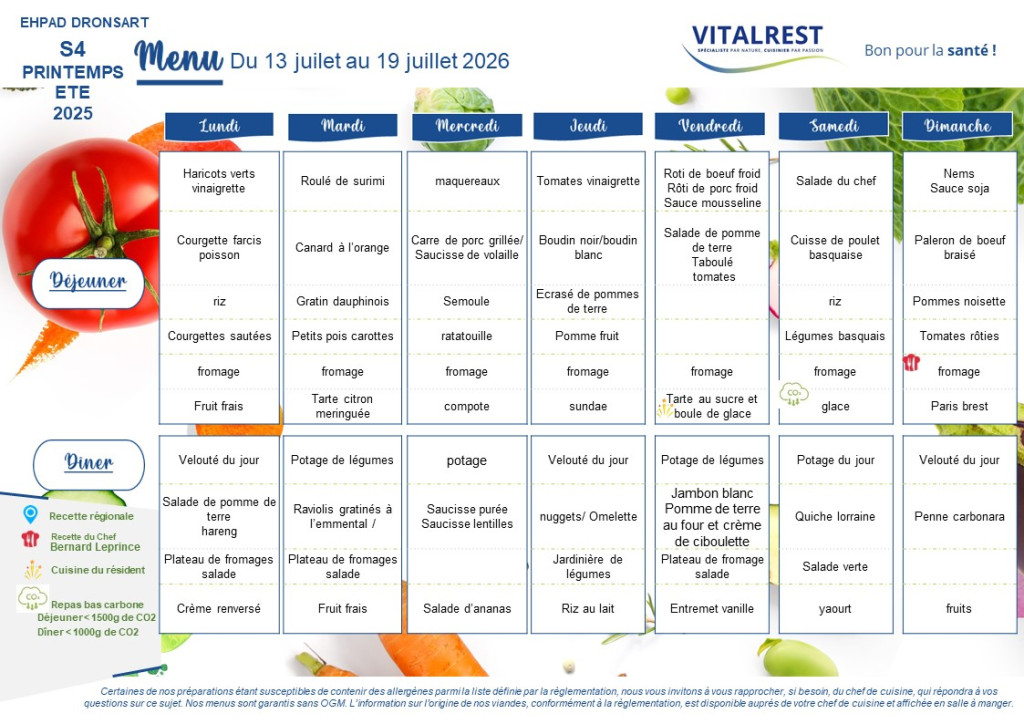 menu du 13 juillet au 19 Juillet